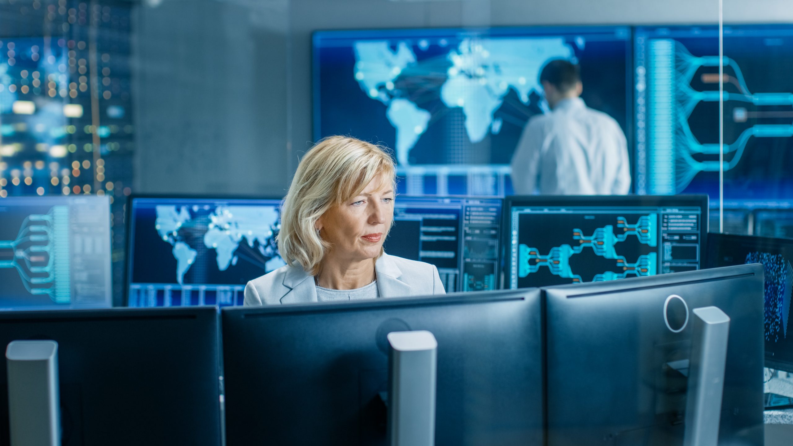System,Monitoring,Room,Professional,Female,Operator,Observes,Correct,Functioning,Of